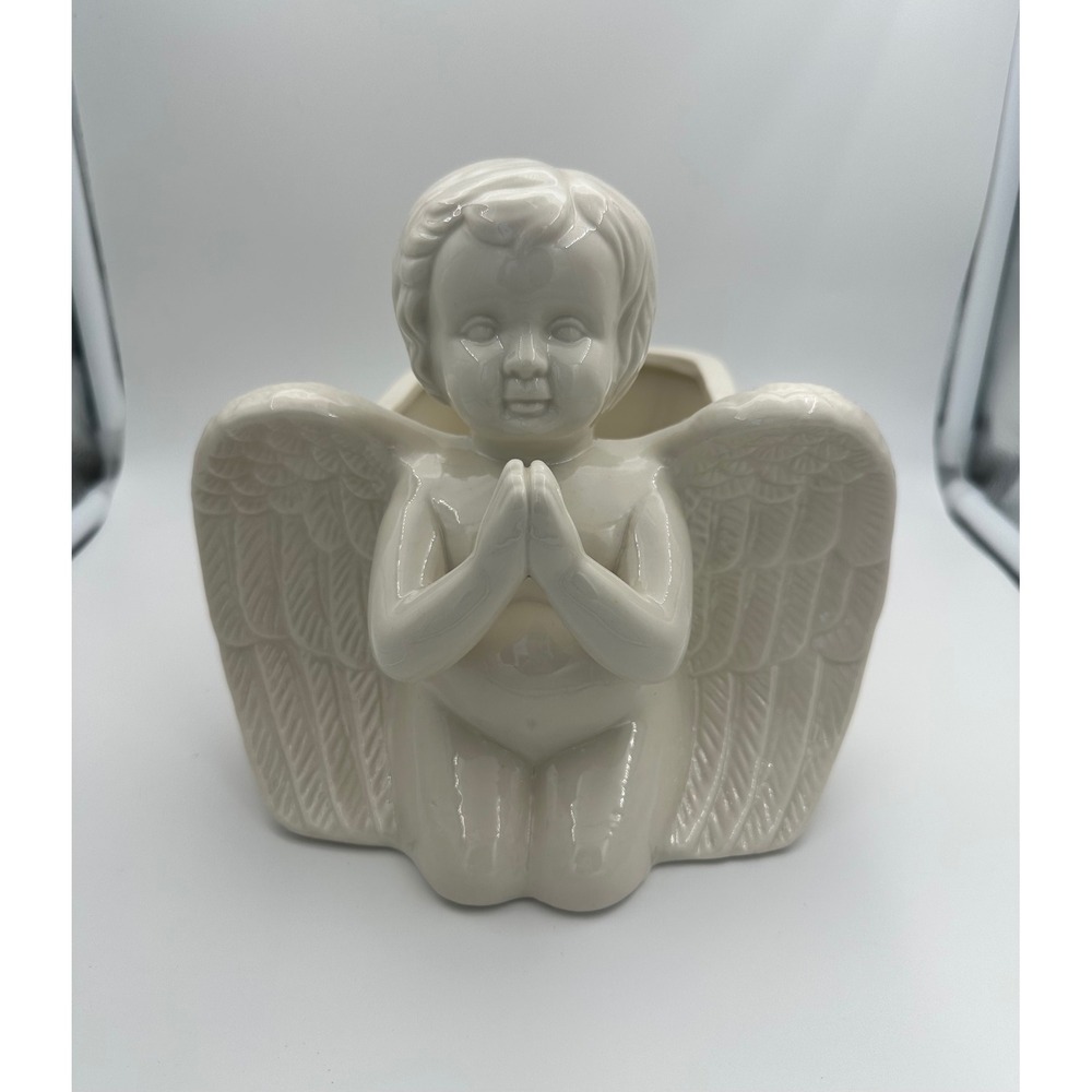 Vintage Ceramic Praying Cherub Angel Planter Glossy Cream Glaze Succulent Pot